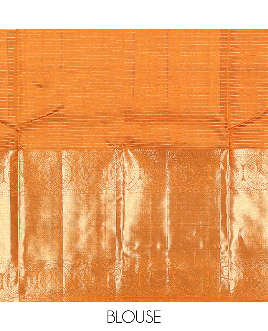 Mustard zari stripes and buttas Kanchipuram silk saree,  zari border of thilakam, paisa, round mayil, and mayil kann designs, and jaal pallu - Image 6