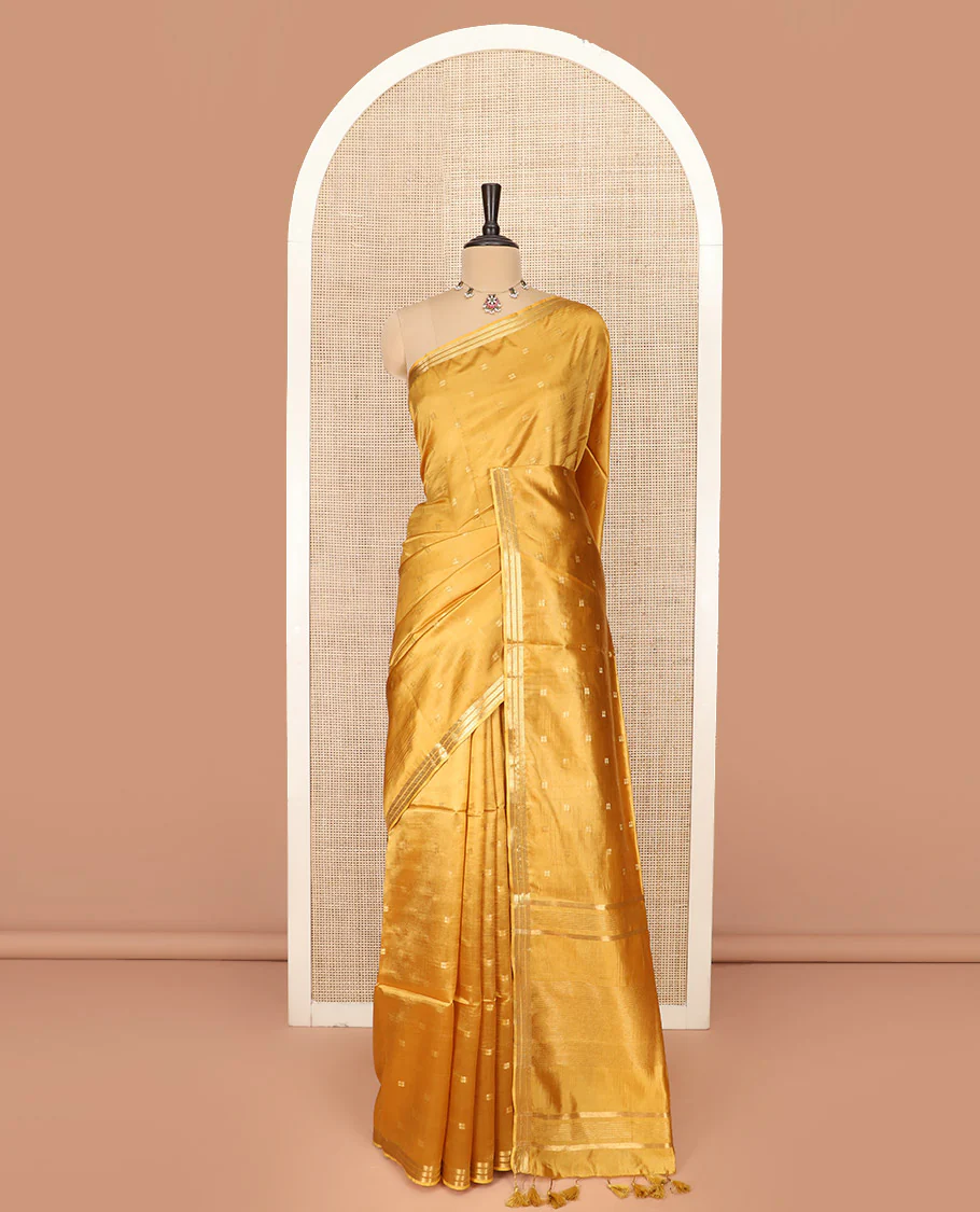Mustrad Banana Pith Saree Subtly Sparkled with Zari Buttas Woven All Over Its Body, Subtle Piping Zari Border, Gleaming Zari Stripes Woven Pallu, and Paired with a Matching Plain Blouse - Image 3