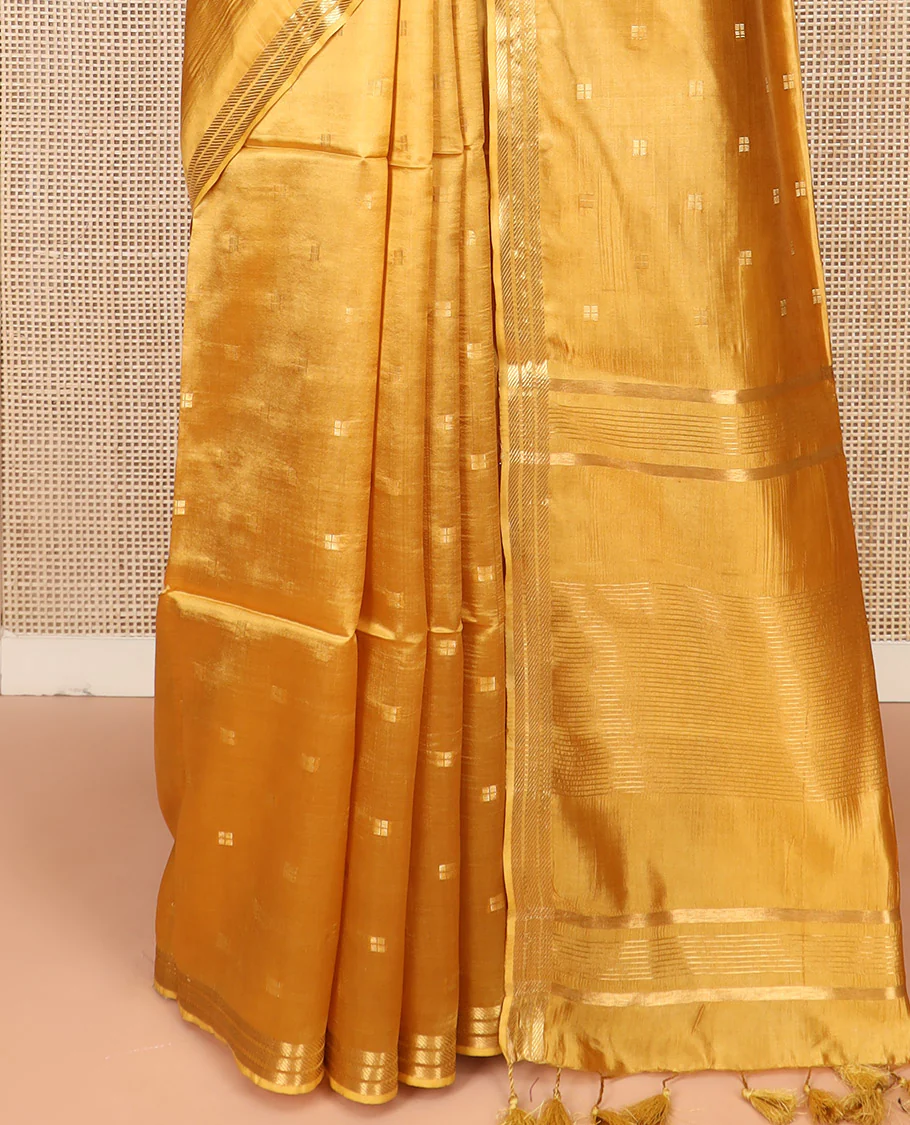 Mustrad Banana Pith Saree Subtly Sparkled with Zari Buttas Woven All Over Its Body, Subtle Piping Zari Border, Gleaming Zari Stripes Woven Pallu, and Paired with a Matching Plain Blouse - Image 4