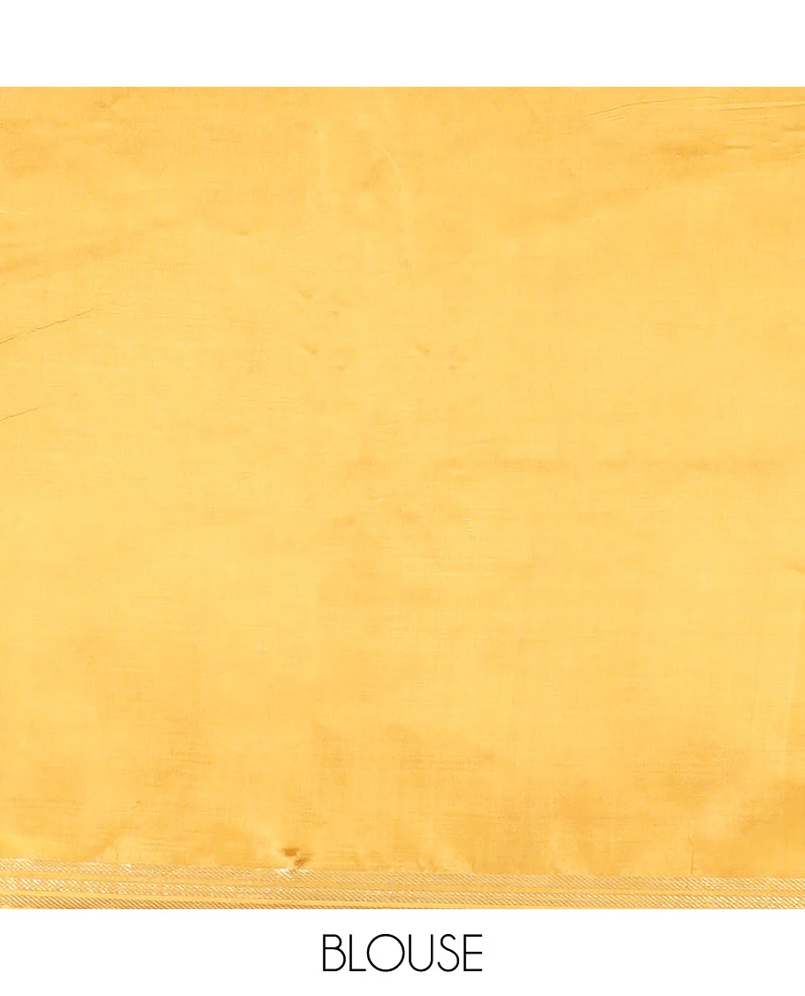 Mustrad Banana Pith Saree Subtly Sparkled with Zari Buttas Woven All Over Its Body, Subtle Piping Zari Border, Gleaming Zari Stripes Woven Pallu, and Paired with a Matching Plain Blouse - Image 5