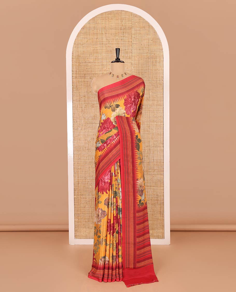 Mustrad floral printed Italian crepe saree, contrast temple printed border, striped pallu, and a printed bordered blouse - Image 2