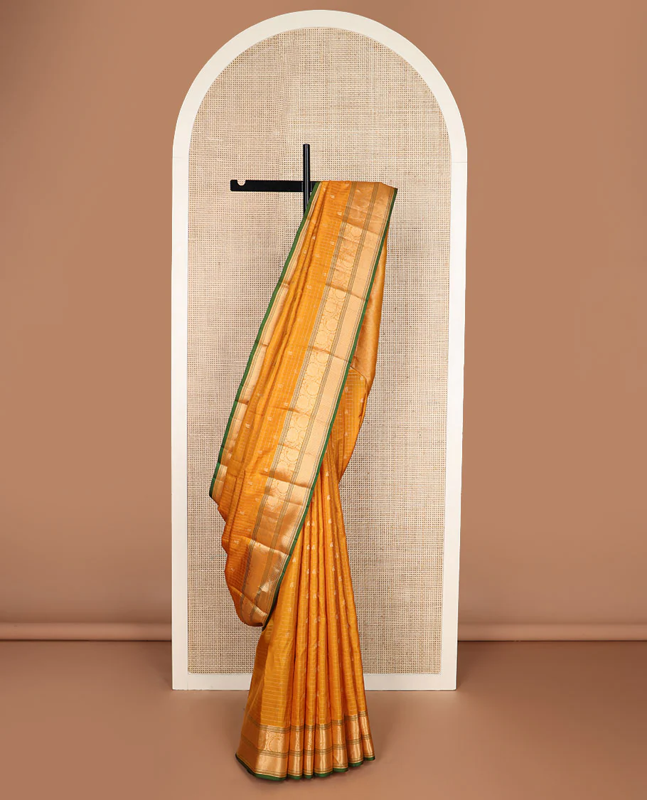 Mustard zari butta enclosed checked Vasundhara silk saree, zari border of rekku,banaras & kodi visiry & jaal pallu