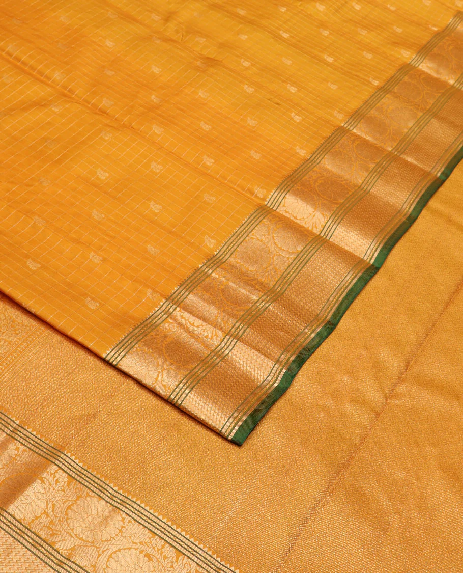 Mustard zari butta enclosed checked Vasundhara silk saree, zari border of rekku,banaras & kodi visiry & jaal pallu - Image 2