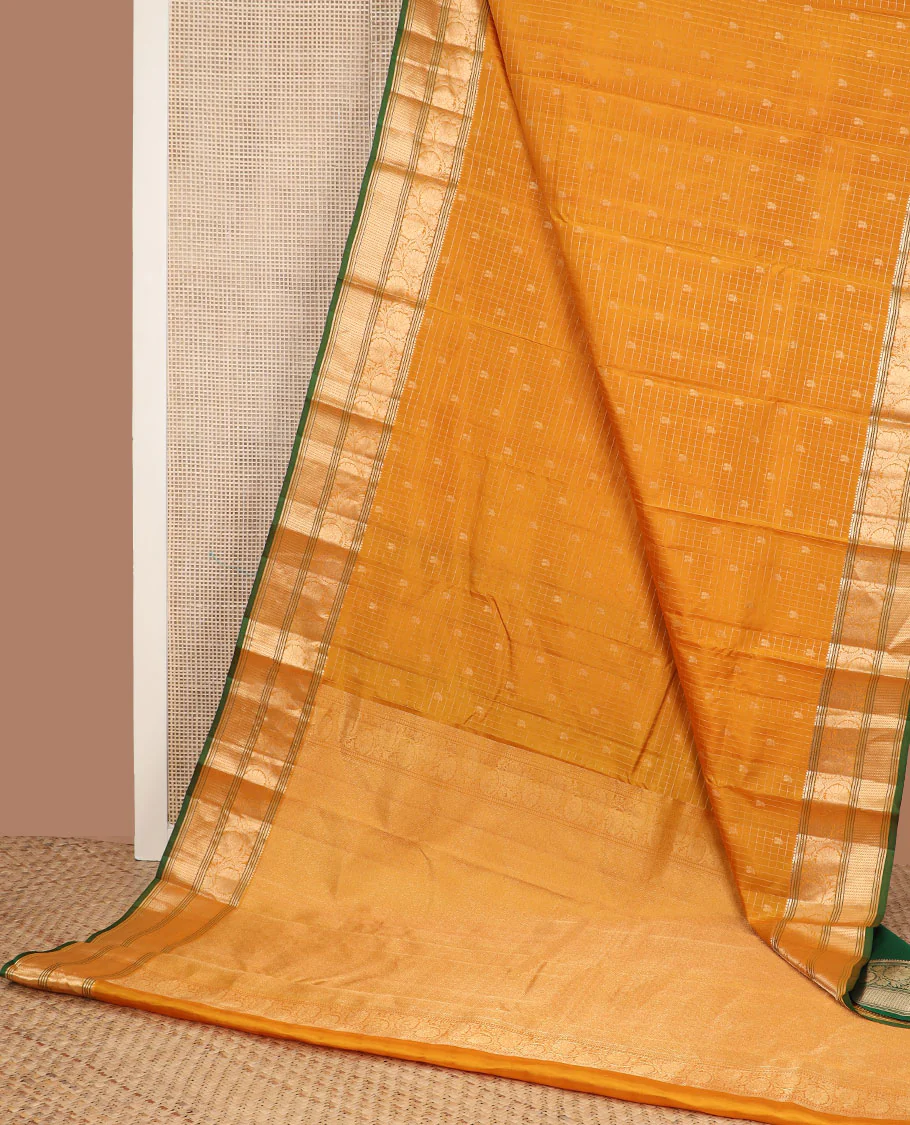 Mustard zari butta enclosed checked Vasundhara silk saree, zari border of rekku,banaras & kodi visiry & jaal pallu - Image 3