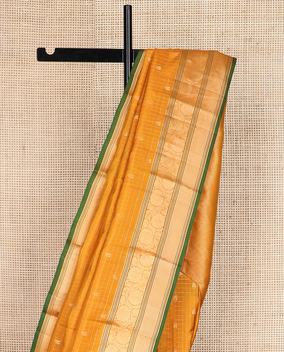Mustard zari butta enclosed checked Vasundhara silk saree, zari border of rekku,banaras & kodi visiry & jaal pallu - Image 4