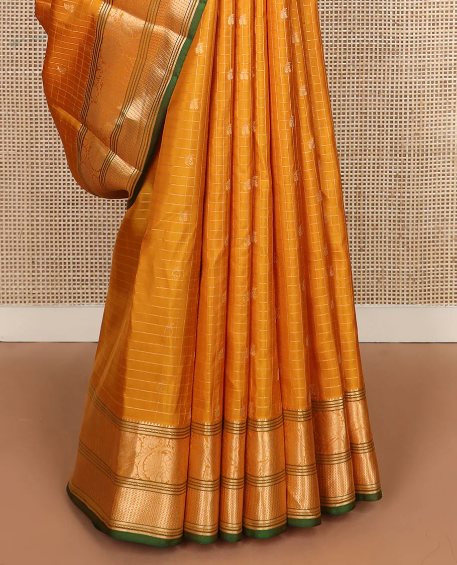 Mustard zari butta enclosed checked Vasundhara silk saree, zari border of rekku,banaras & kodi visiry & jaal pallu - Image 5