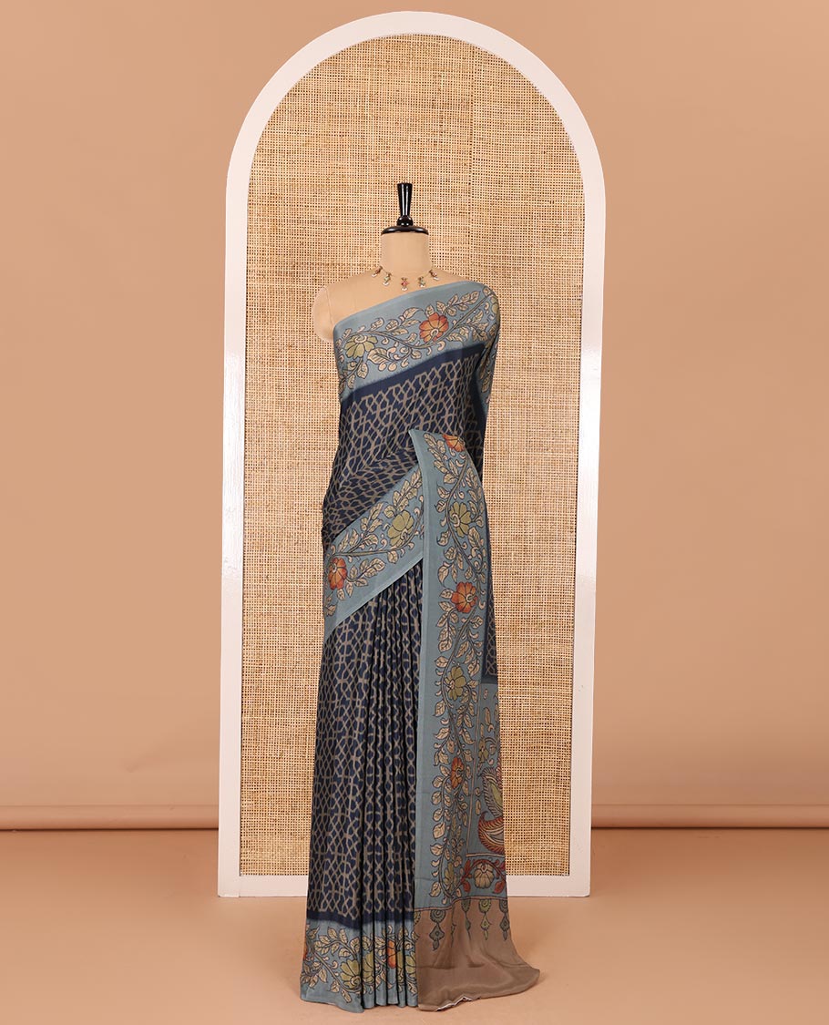 Navy blue Abstract printed Italian crepe saree, contrast kalamkari floral vine printed border, kalamkari printed pallu, and kalamkari printed blouse - Image 2