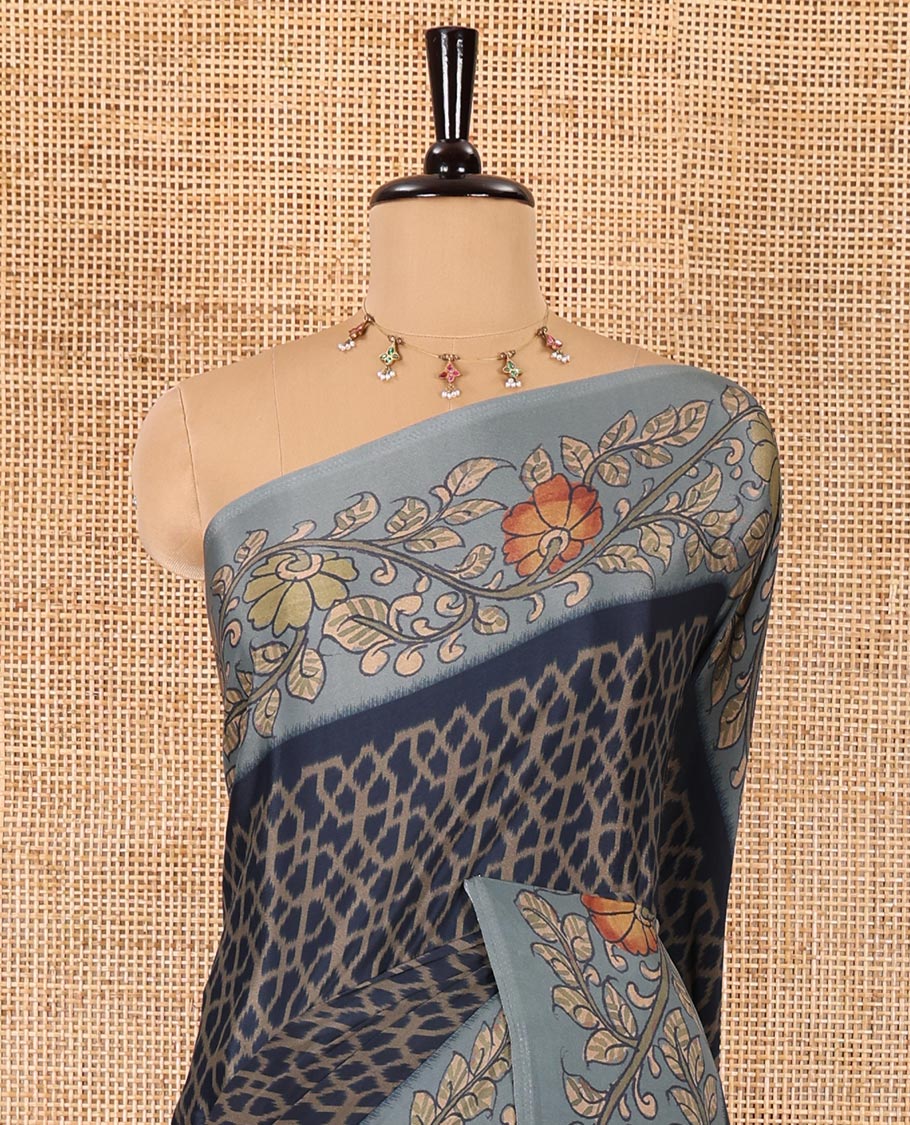 Navy blue Abstract printed Italian crepe saree, contrast kalamkari floral vine printed border, kalamkari printed pallu, and kalamkari printed blouse - Image 3