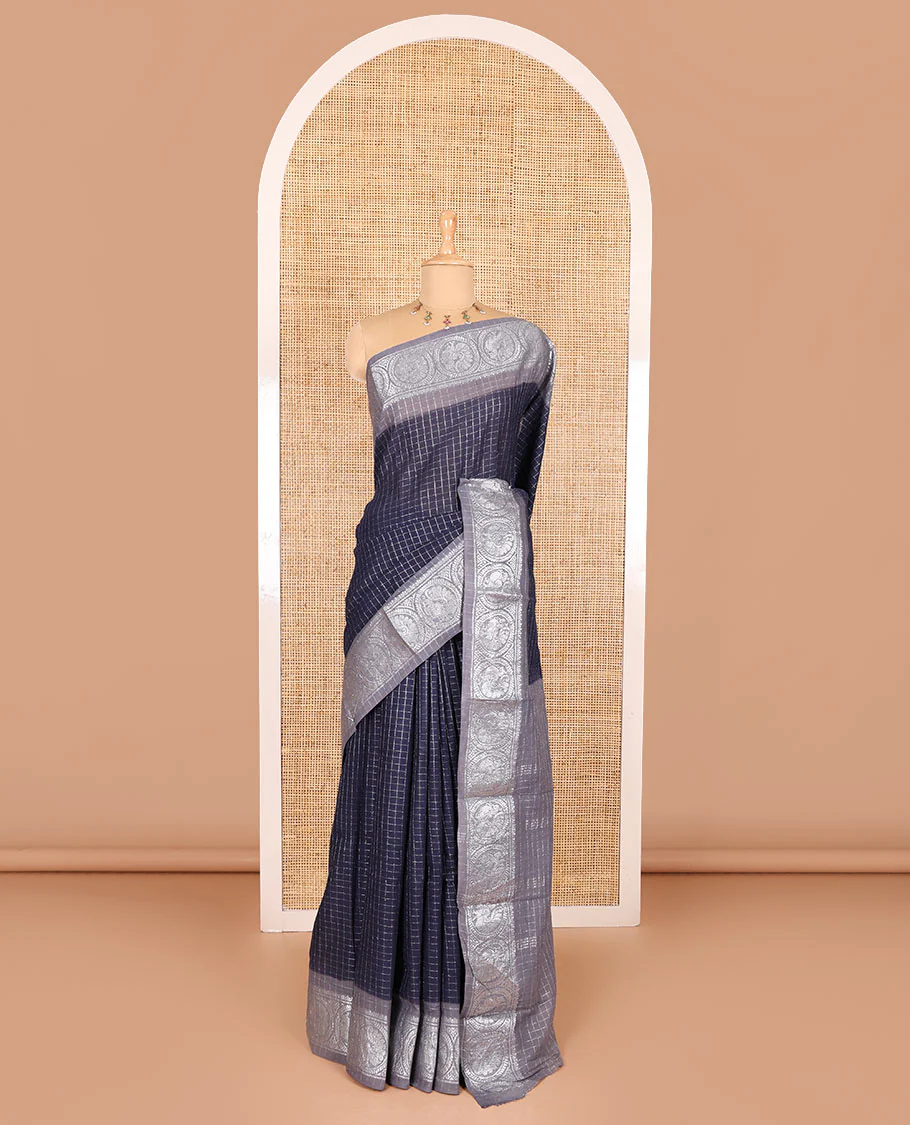 Navy blue and grey checked sungudi cotton saree, contrast silver zari round peacock border, striped pallu, and a contrast checked blouse - Image 2
