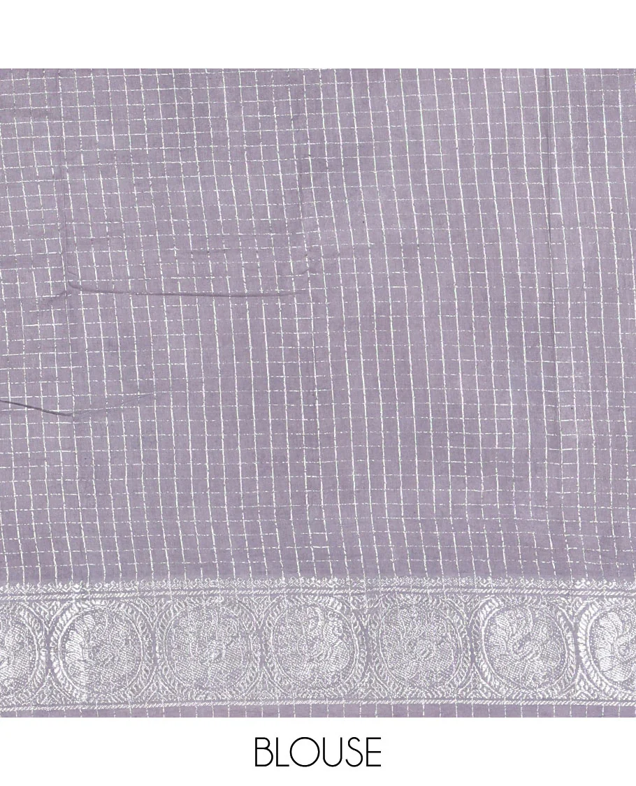 Navy blue and grey checked sungudi cotton saree, contrast silver zari round peacock border, striped pallu, and a contrast checked blouse - Image 4