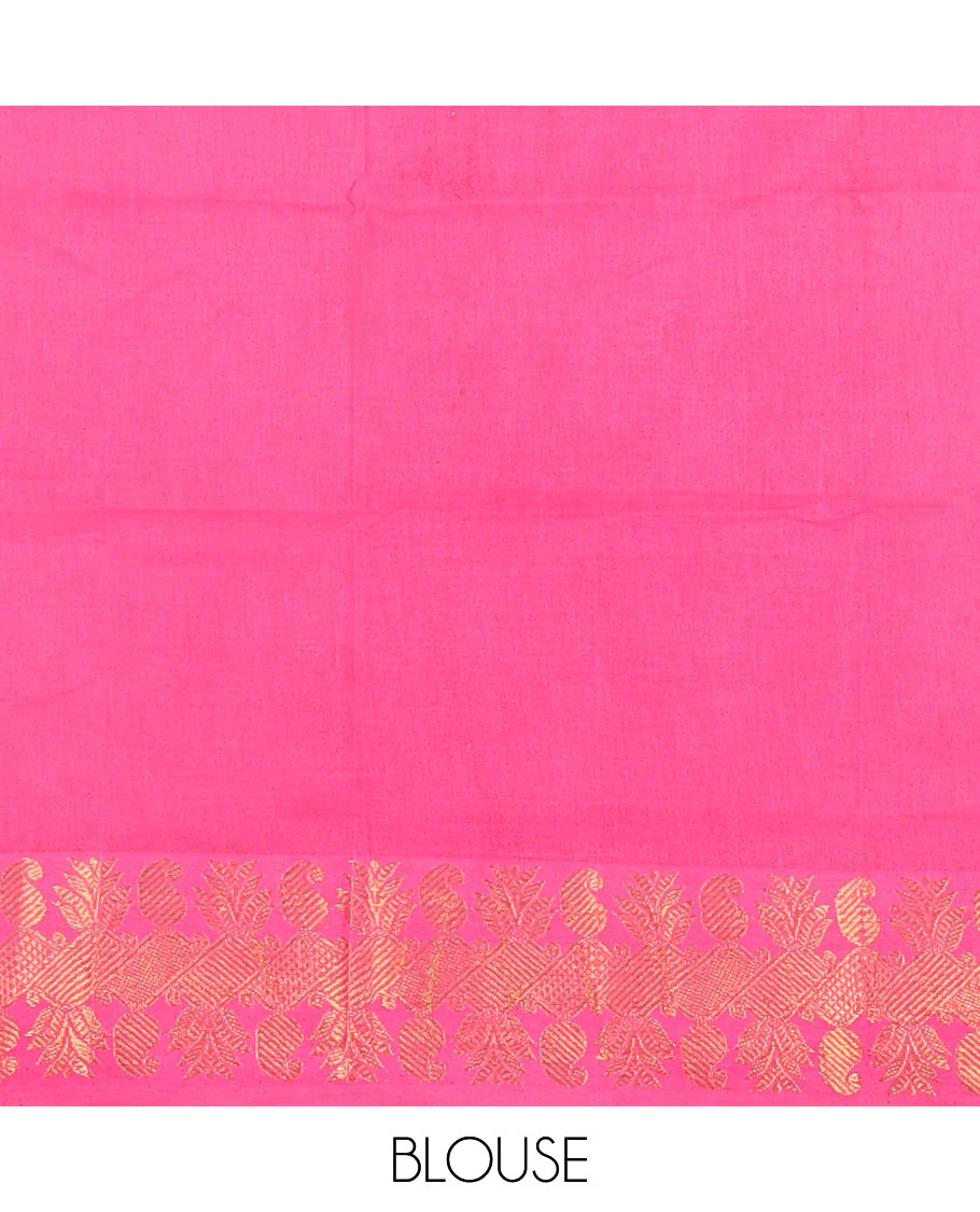 Navy Blue and Pink Printed Sungudi Cotton Half-Saree Showcasing a Skirt Printed with Tamil Letters, Accentuated by a Contrast Traditional Zari Border, a Contrast Blouse, and a Plain Zari-Bordered Dhavani - Image 4