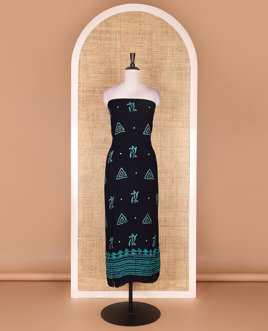 Navy blue and Rama green material chudidar set, batik print with kantha embroidered top, plain contrast bottom, and batik printed dupatta - Image 4