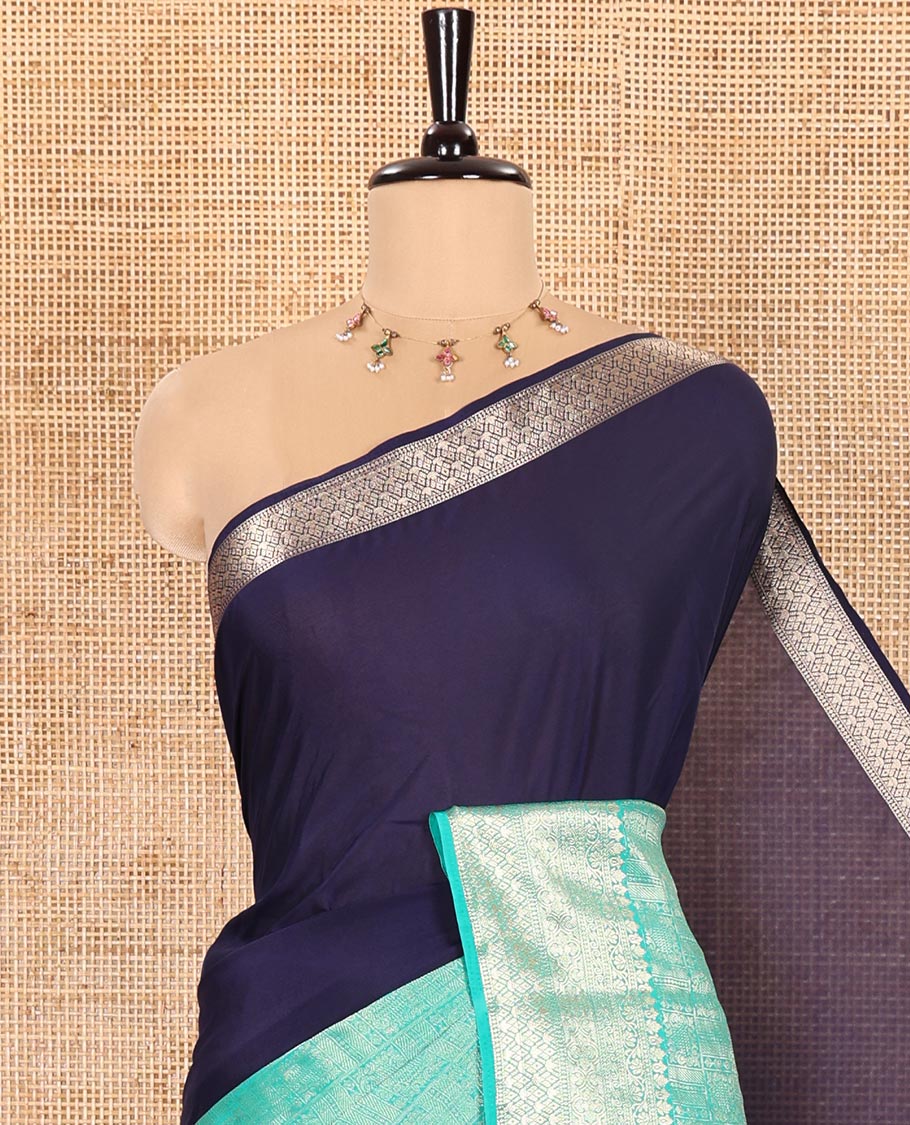 Navy Blue and Rama Half-And-Half Style Art Crepe Saree Richly Detailed with Plain and Jacquard Design, Complemented by a Contrast Border of Traditional Zari Designs, Pallu Featuring Zari Stripes, and Paired with a Matching Blouse - Image 2