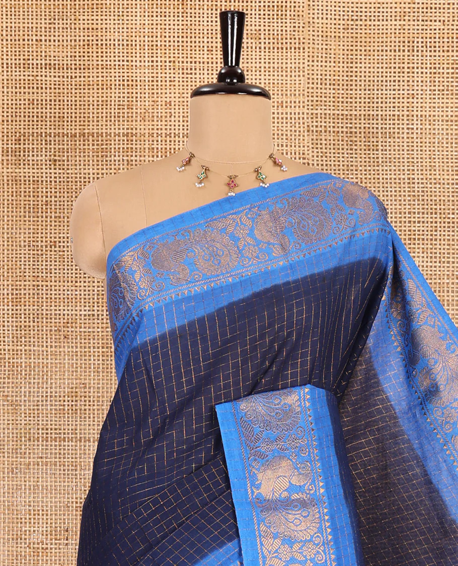 Navy blue-blue zari checked sungudi cotton saree, contrast zari border of peacock motifs, zari striped border, and a contrast blouse - Image 2