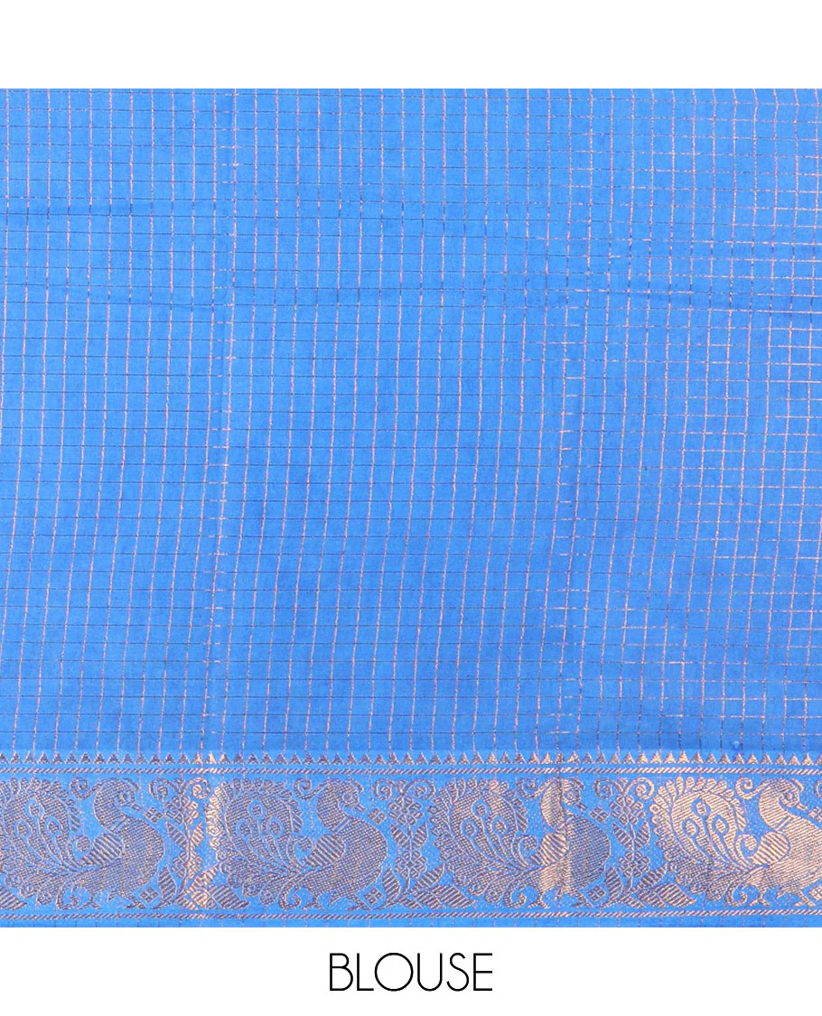 Navy blue-blue zari checked sungudi cotton saree, contrast zari border of peacock motifs, zari striped border, and a contrast blouse - Image 3