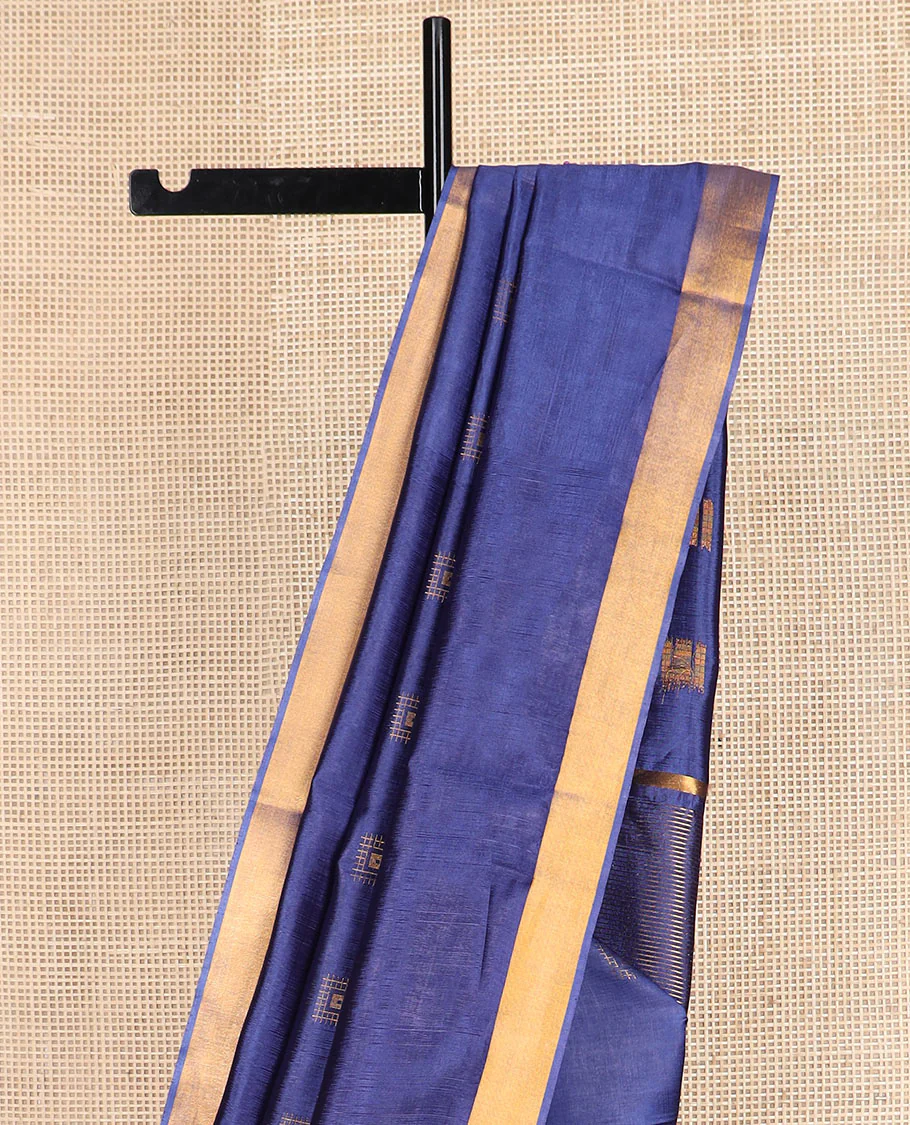 Navy blue buttas banana pith saree, bavanji zari border, and zari striped pallu - Image 3