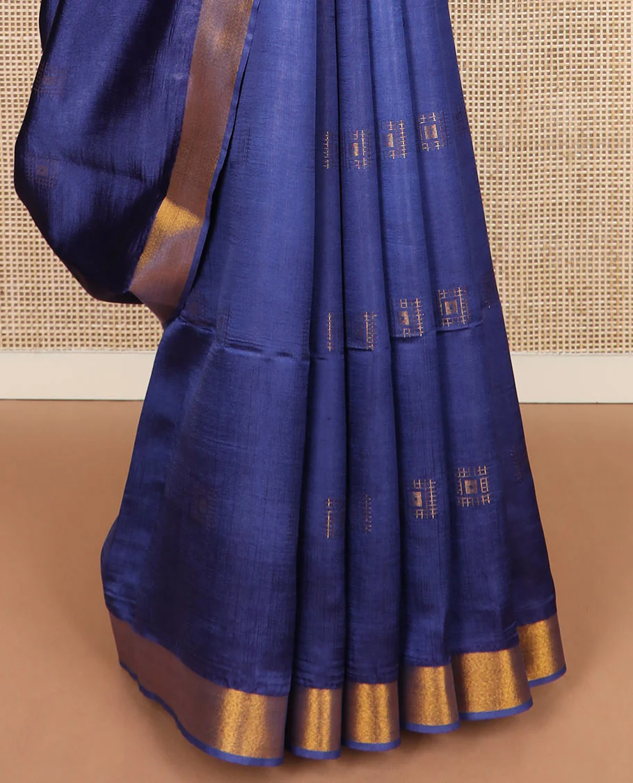 Navy blue buttas banana pith saree, bavanji zari border, and zari striped pallu - Image 4