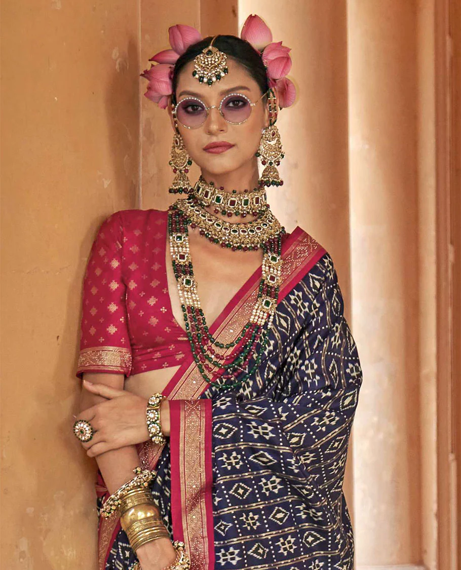 Navy blue buttas enclosed checked designer catalog saree, contrast stone work border, and pallu of temple design and stone work - Image 2