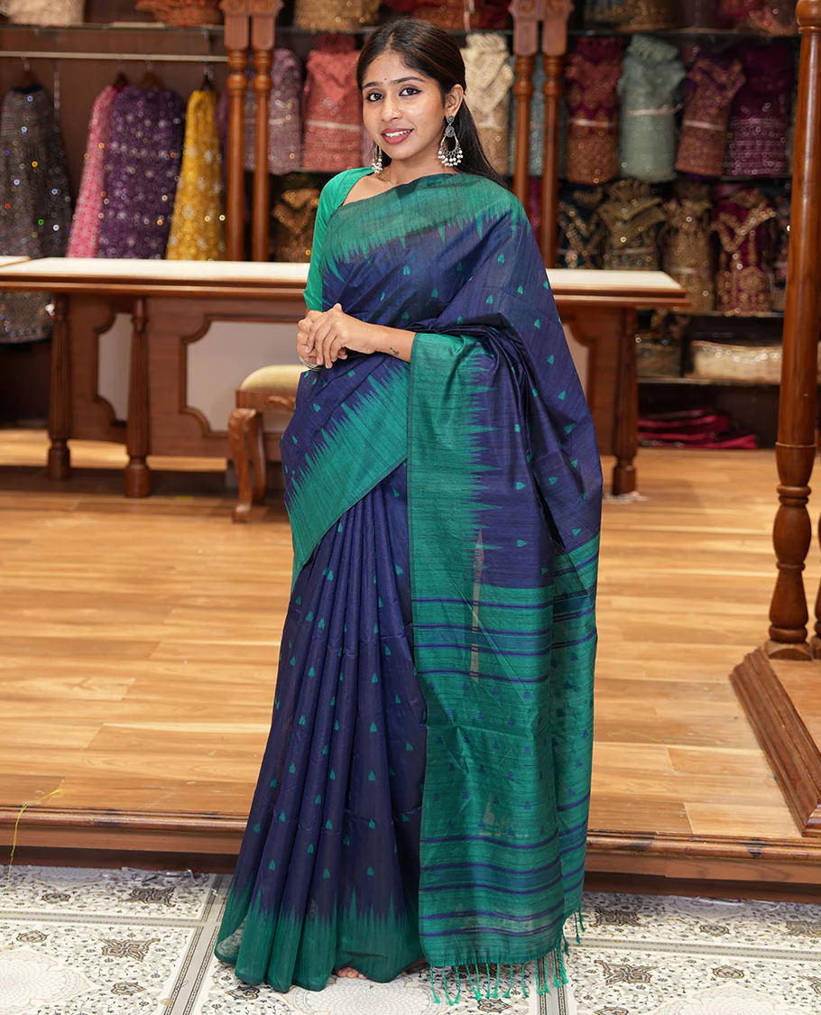 Navy blue buttas semi-jute saree with contrast temple border, thread striped pallu, and a contrast thread buttas blouse - Image 2