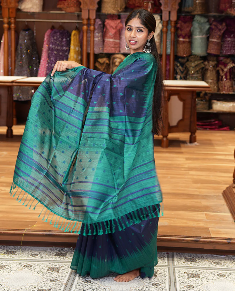 Navy blue buttas semi-jute saree with contrast temple border, thread striped pallu, and a contrast thread buttas blouse - Image 3