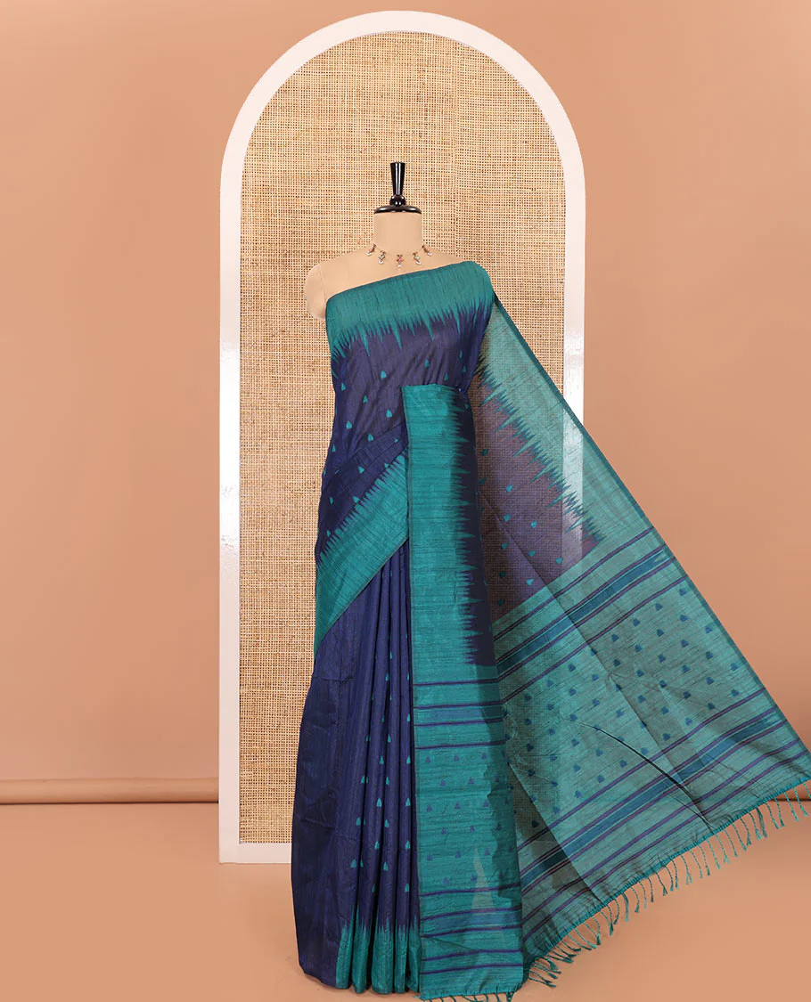 Navy blue buttas semi-jute saree with contrast temple border, thread striped pallu, and a contrast thread buttas blouse - Image 4