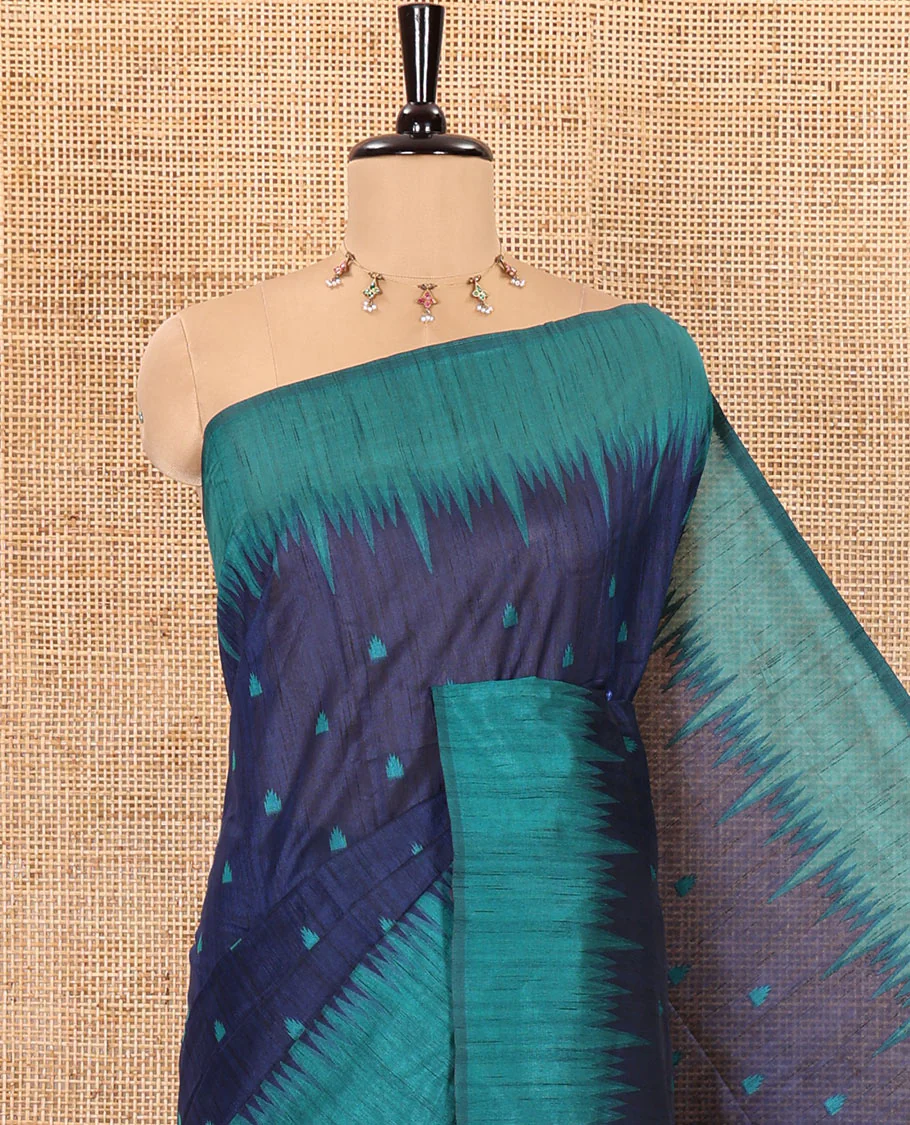 Navy blue buttas semi-jute saree with contrast temple border, thread striped pallu, and a contrast thread buttas blouse - Image 5