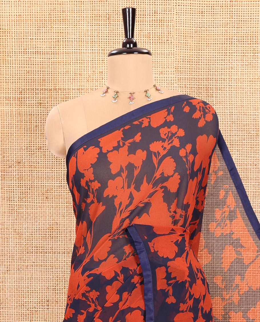 Navy Blue Chiffon Saree Beautified with Silhouette-Style Floral Vine Print, Subtly Made Lace Border, Self-Printed Pallu, and Paired with a Plain Blouse - Image 2