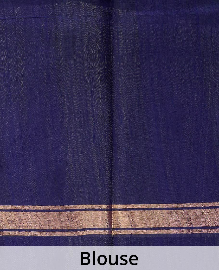 Navy blue dupion silk saree with floral buttas, thin zari piping border, and floral vine pallu - Image 5