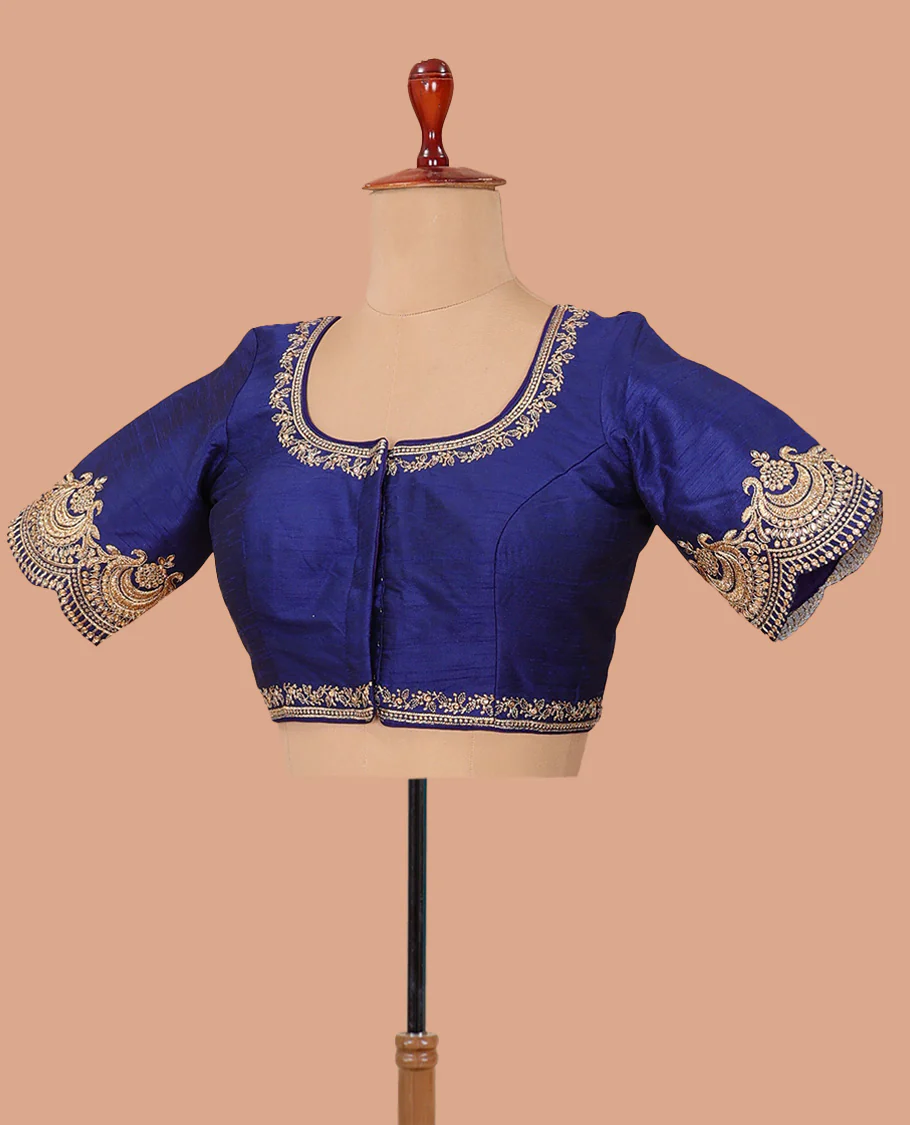 Navy blue embroidered front-back round neck elbow sleeve blouse