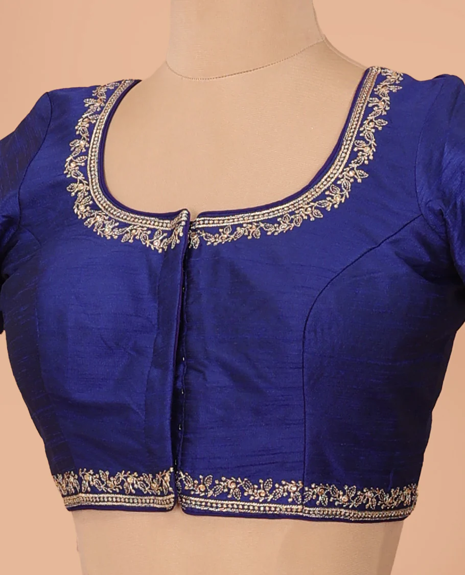 Navy blue embroidered front-back round neck elbow sleeve blouse - Image 2