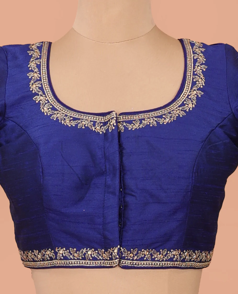 Navy blue embroidered front-back round neck elbow sleeve blouse - Image 3