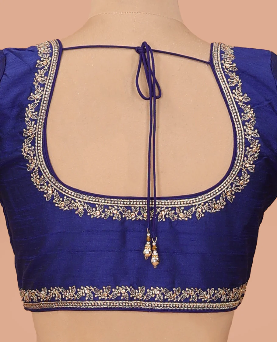 Navy blue embroidered front-back round neck elbow sleeve blouse - Image 4