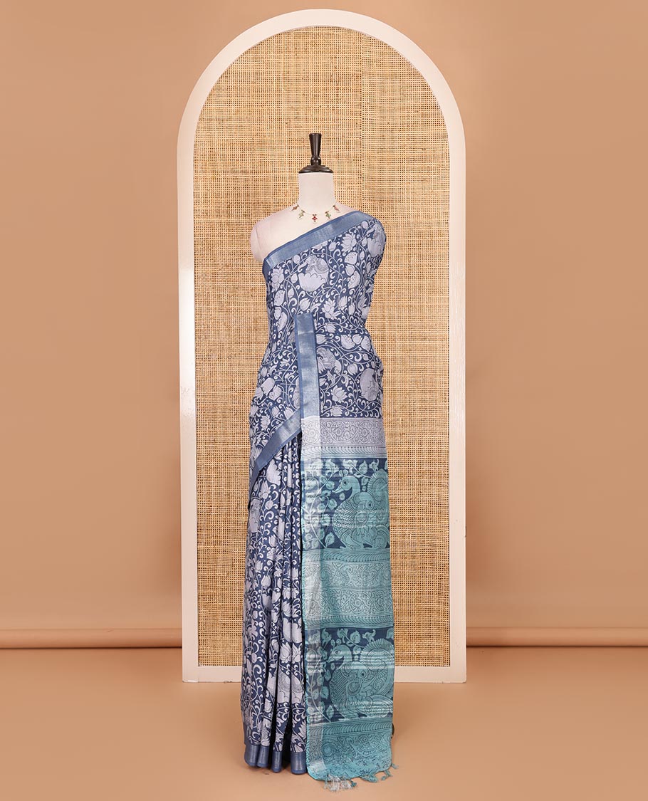 Navy blue flora-fauna kalamkari printed Bhagalpur linen saree, zari border, contrast floral-peacock printed pallu & contrast printed blouse - Image 2
