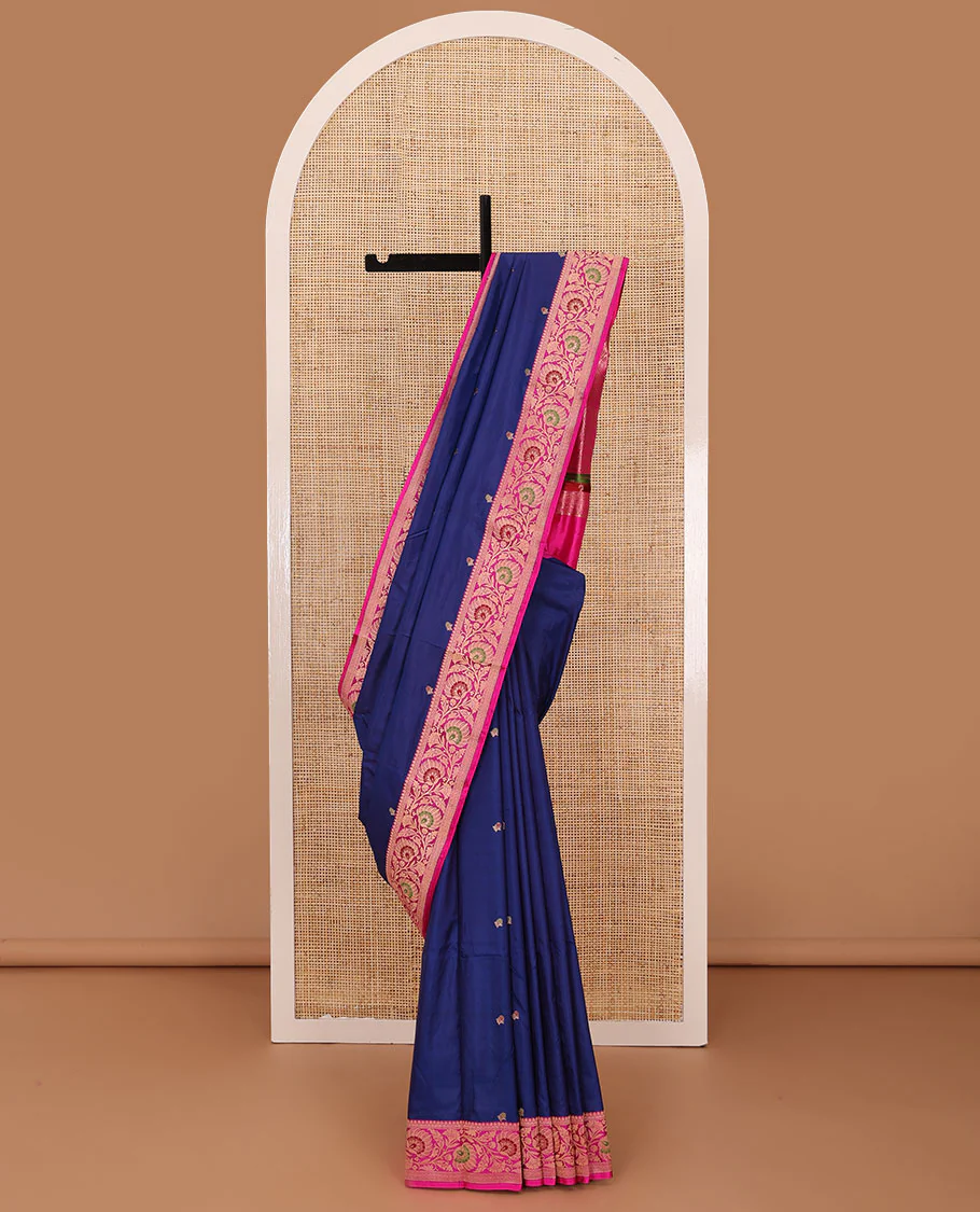 Navy blue floral motifs woven katan silk saree, contrast floral creeper border, and jaal pallu