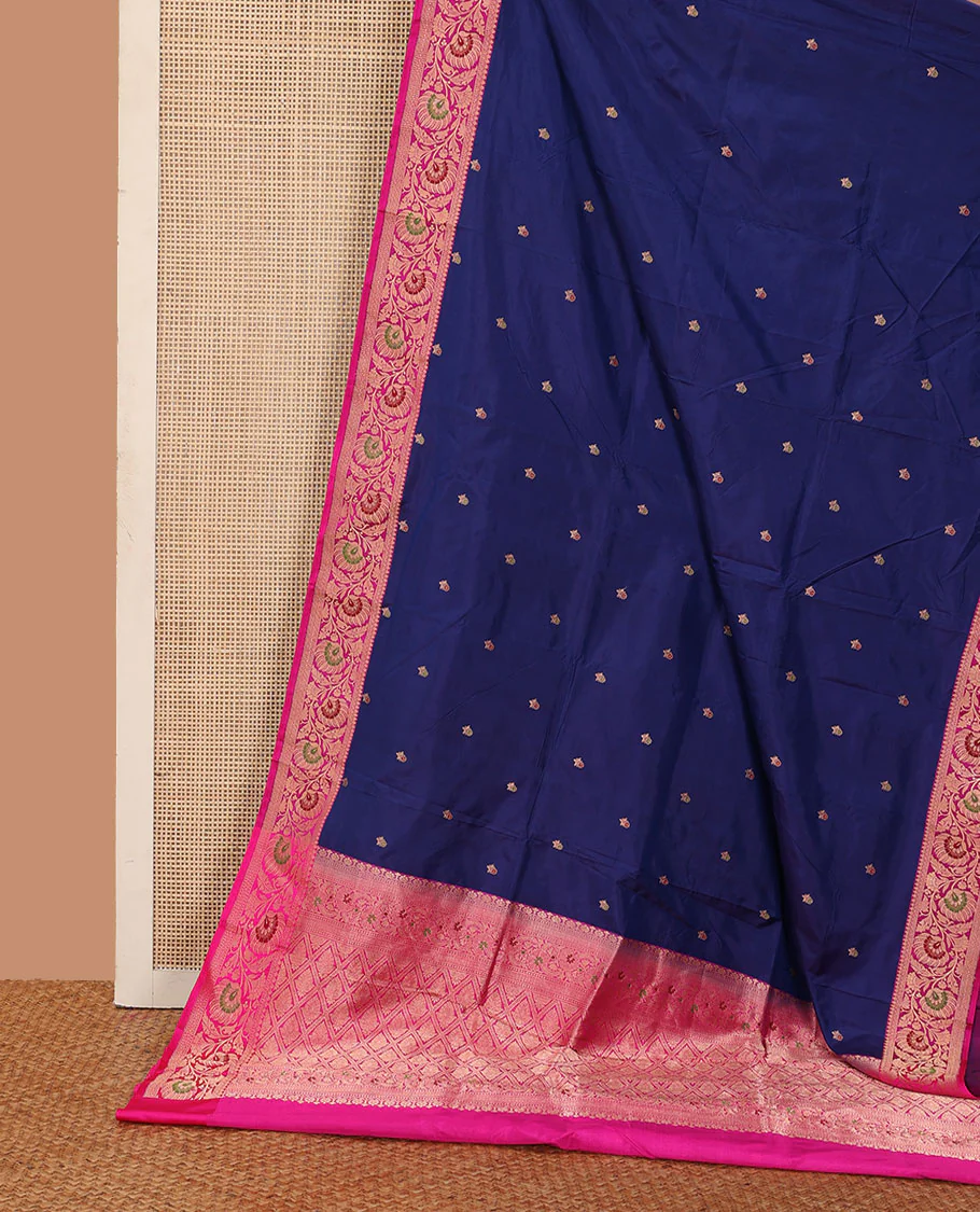 Navy blue floral motifs woven katan silk saree, contrast floral creeper border, and jaal pallu - Image 2