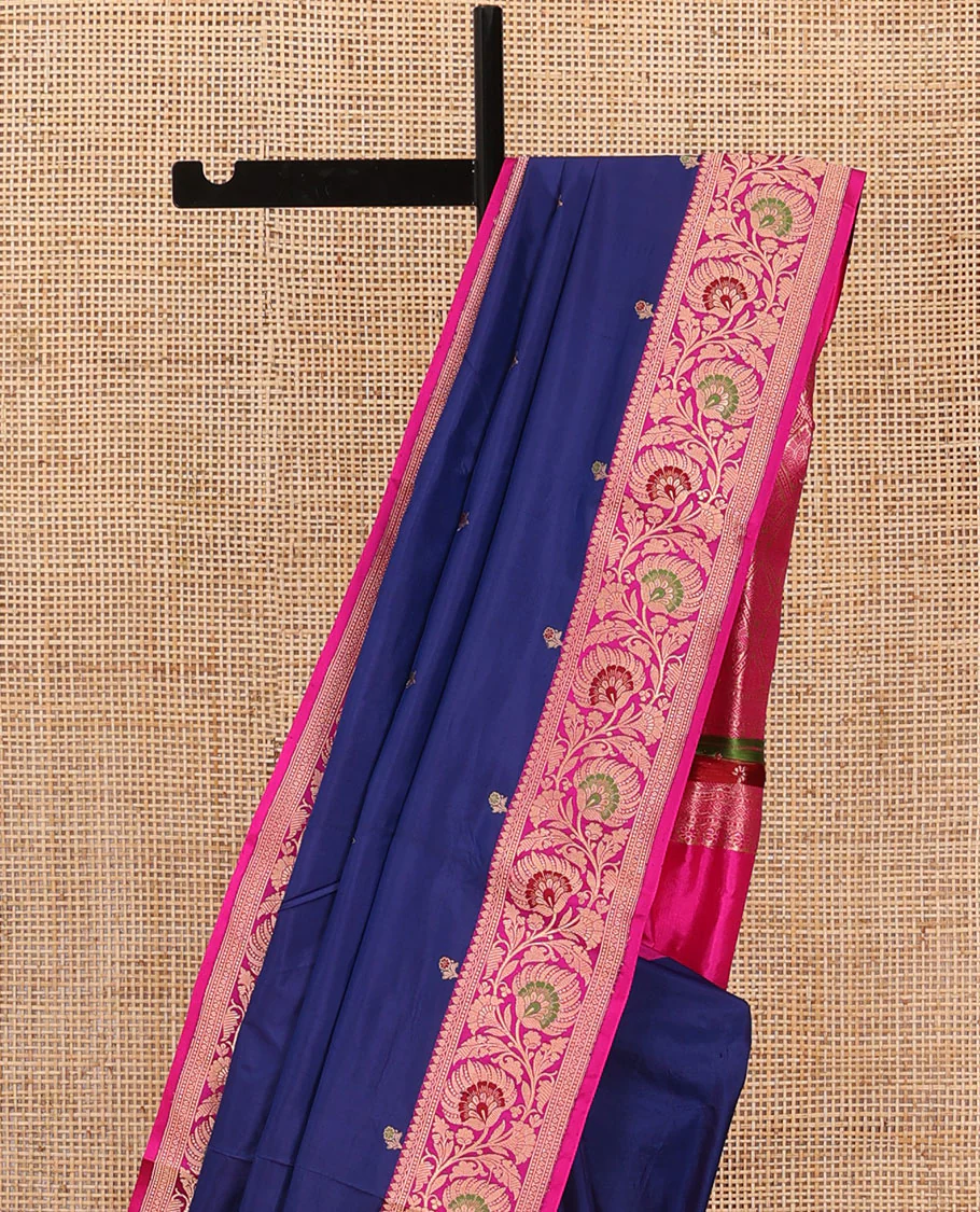 Navy blue floral motifs woven katan silk saree, contrast floral creeper border, and jaal pallu - Image 3