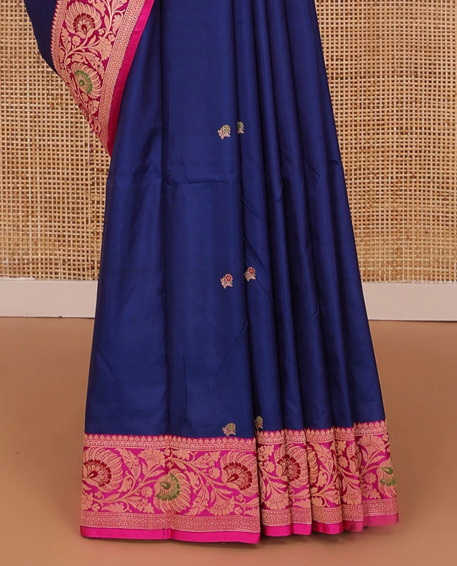 Navy blue floral motifs woven katan silk saree, contrast floral creeper border, and jaal pallu - Image 4