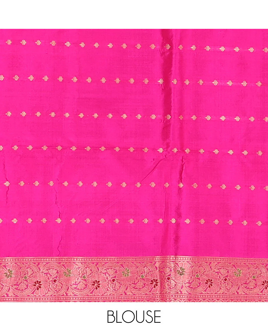 Navy blue floral motifs woven katan silk saree, contrast floral creeper border, and jaal pallu - Image 5