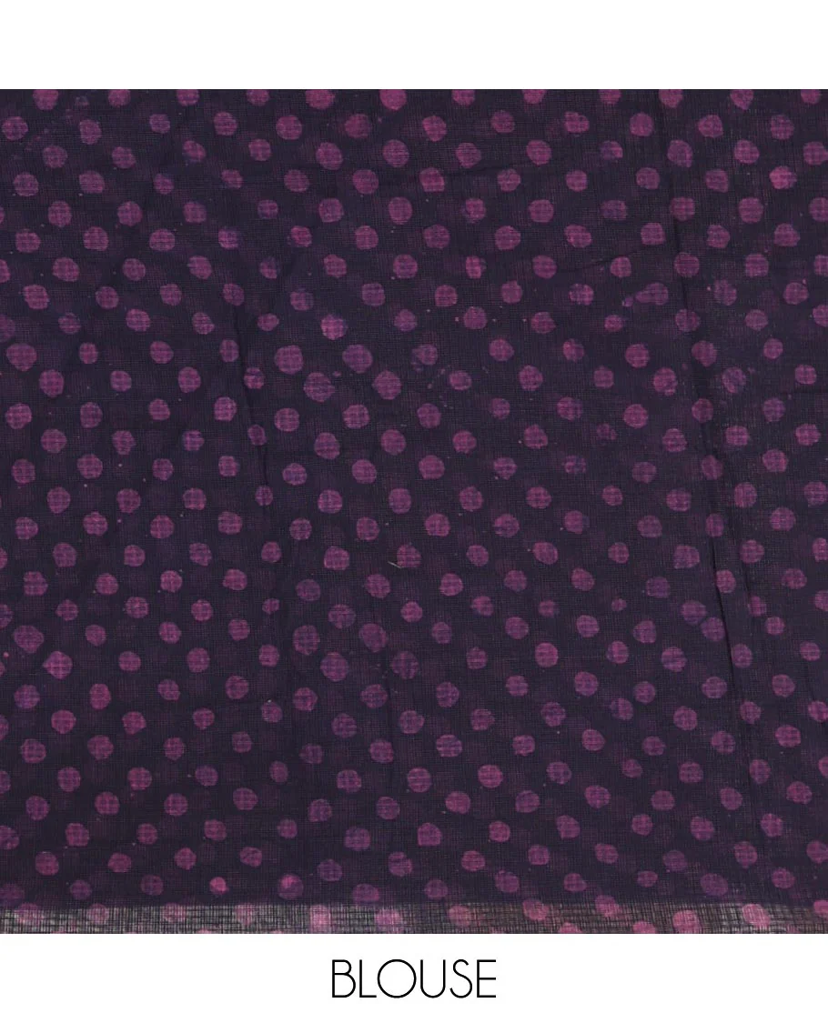 Navy blue handblock wax batik printed kota check saree, contrast batik print lacework border, batik print pallu & polka dots print blouse - Image 4
