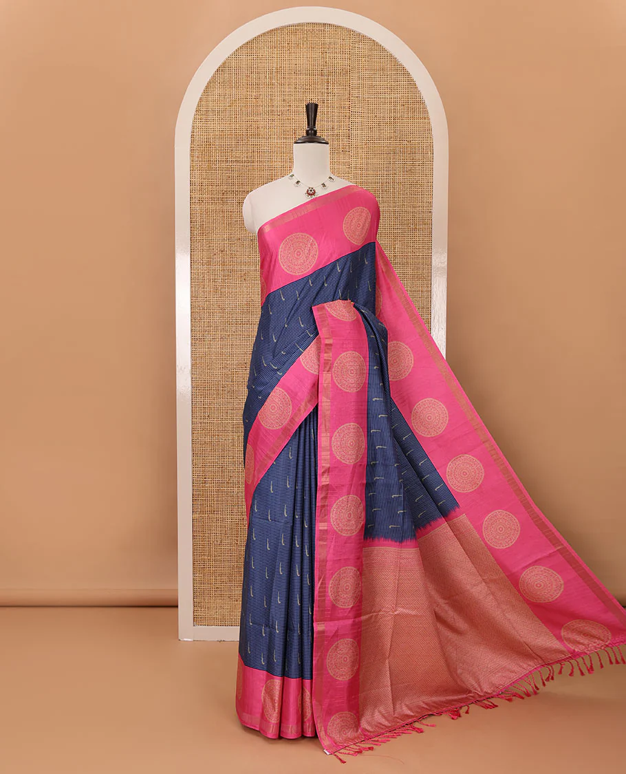 Navy blue horizontal stripes & muniya buttas katan silk saree, contrast chakram butta border, weaving-style print pallu & contrast print blouse