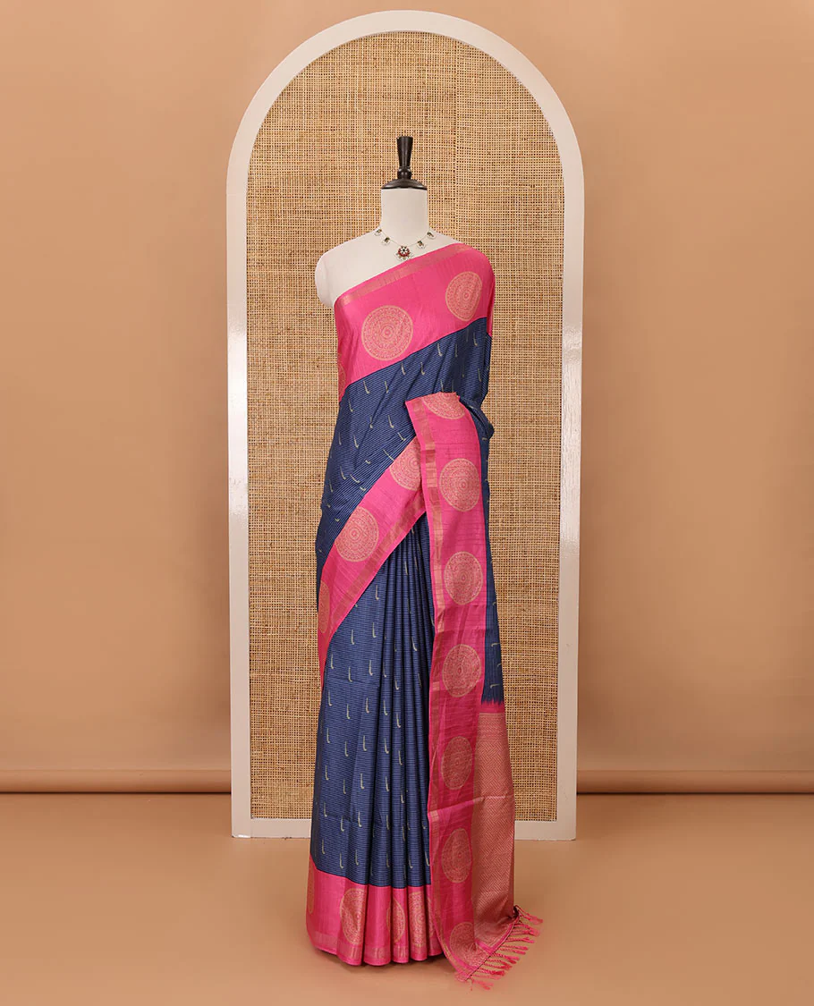 Navy blue horizontal stripes & muniya buttas katan silk saree, contrast chakram butta border, weaving-style print pallu & contrast print blouse - Image 2