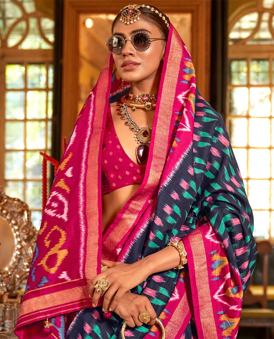 Navy blue ikkat buttas designer catalog saree, contrast chevron ikkat patterned border, pallu of ikkat design - Image 2