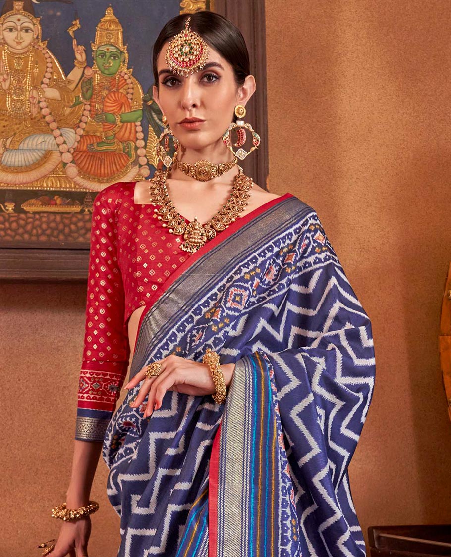 Navy blue ikkat chevron striped designer catalog saree, zari border and ikkat geometric patterned pallu - Image 2