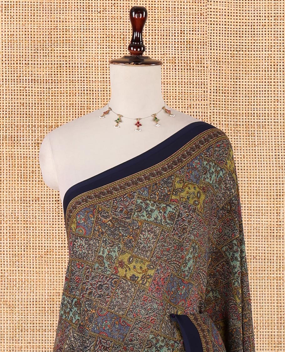 Navy blue kaleidoscopic-colored checks mill-printed kimaya saree, contrast plain border & paisley & geometric printed pallu - Image 3