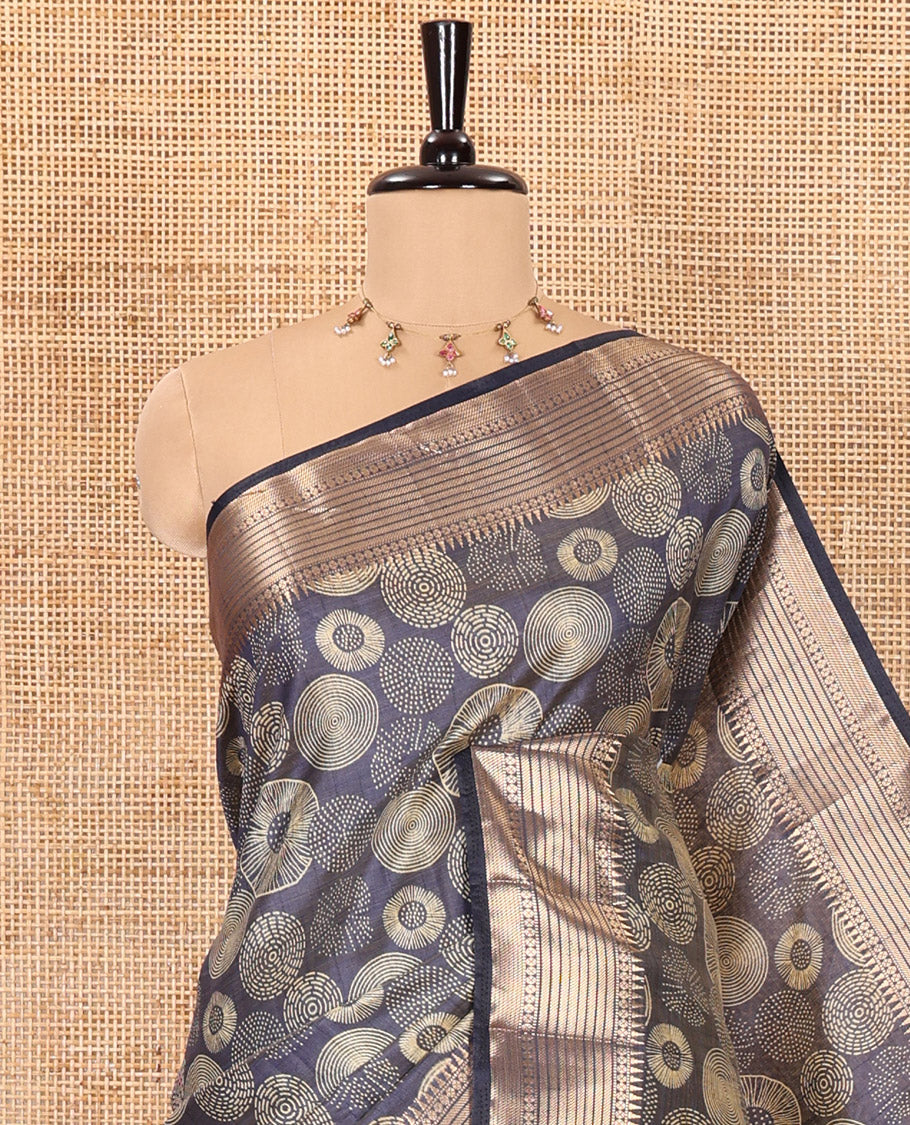 Navy blue lotus-leaf style printed semi-tussar saree, traditional zari border, zari striped pallu, and a matching blouse - Image 2