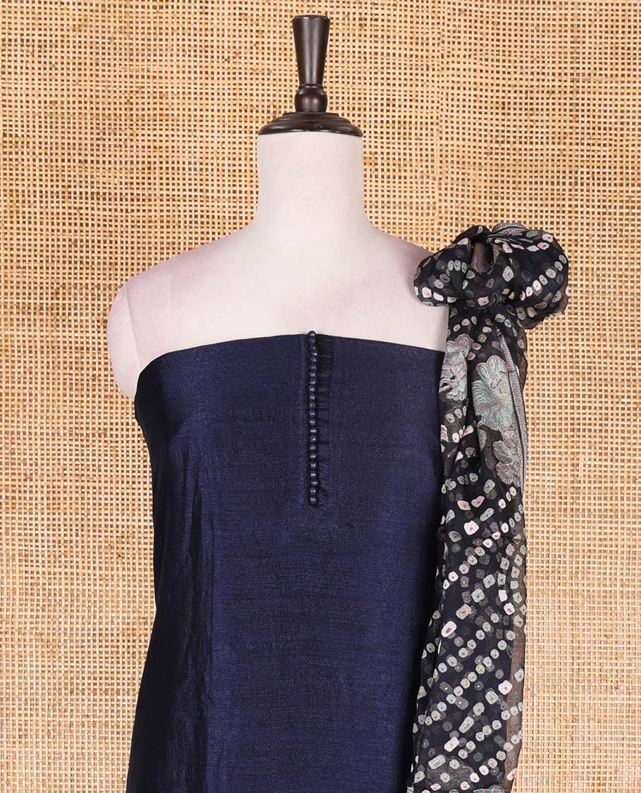 Navy blue material chudidar set, plain with fancy thermacol balls neck work Vichitra top, cotton bottom, and floral with bandhani printed dupatta - Image 2