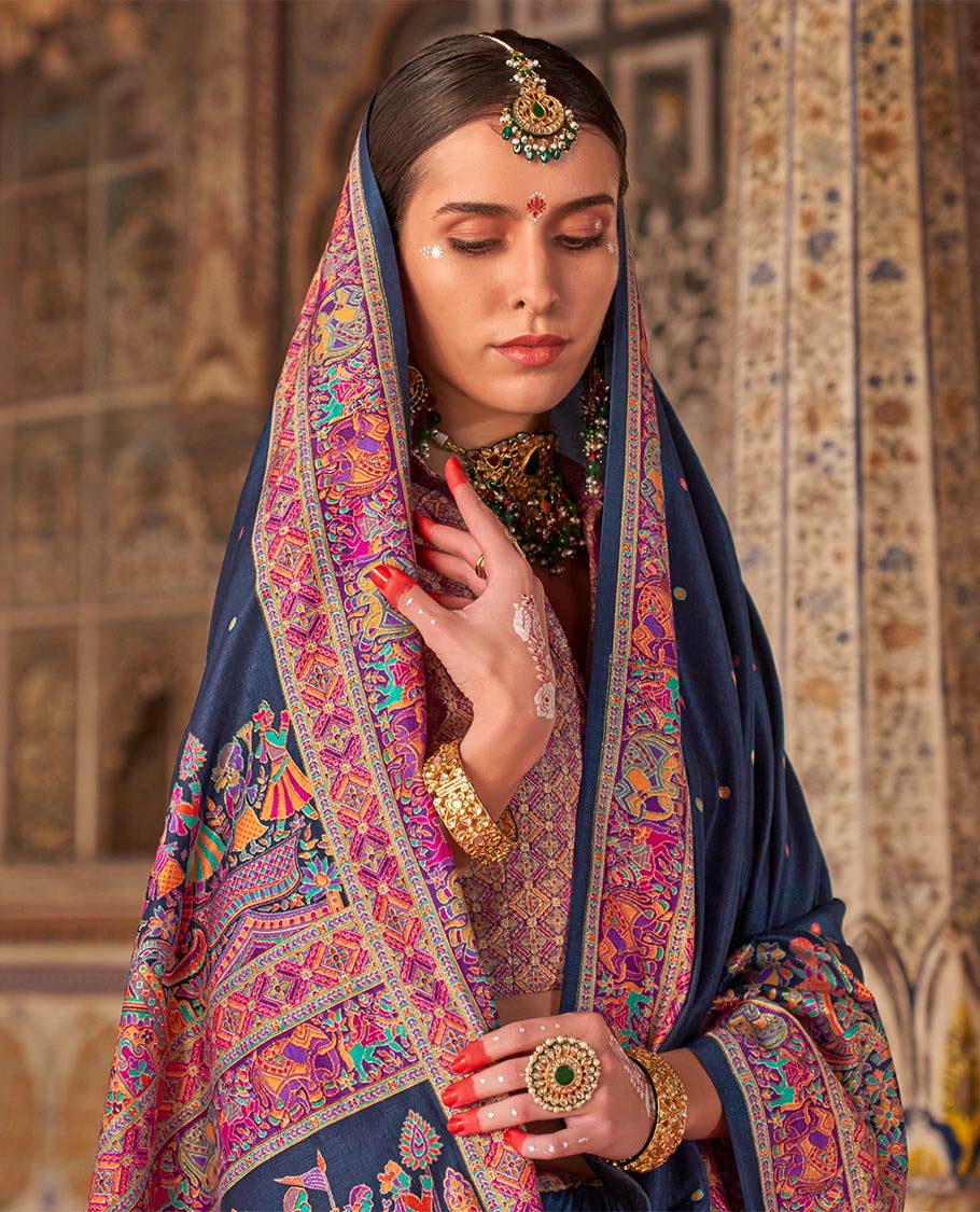 Navy blue meena buttas designer catalog saree, contrast meenakari border of human and elephant motifs, and wedding theme meenakari pallu - Image 2
