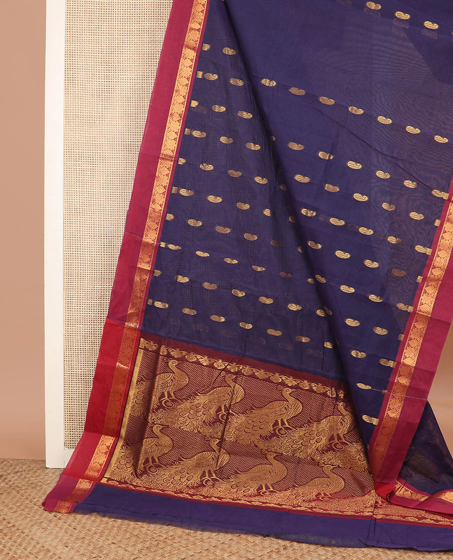 Navy blue paisley buttas Venkatagiri cotton saree, contrast zari design border, and pallu of peacocks - Image 2