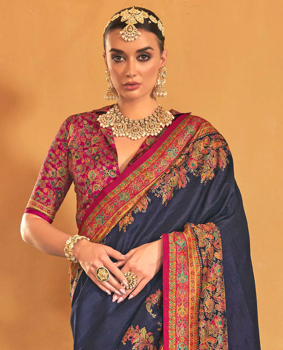 Navy blue plain with meenakari-style floral-paisleys printed designer saree, contrast floral-paisleys Mughal-style printed border, and pallu - Image 2