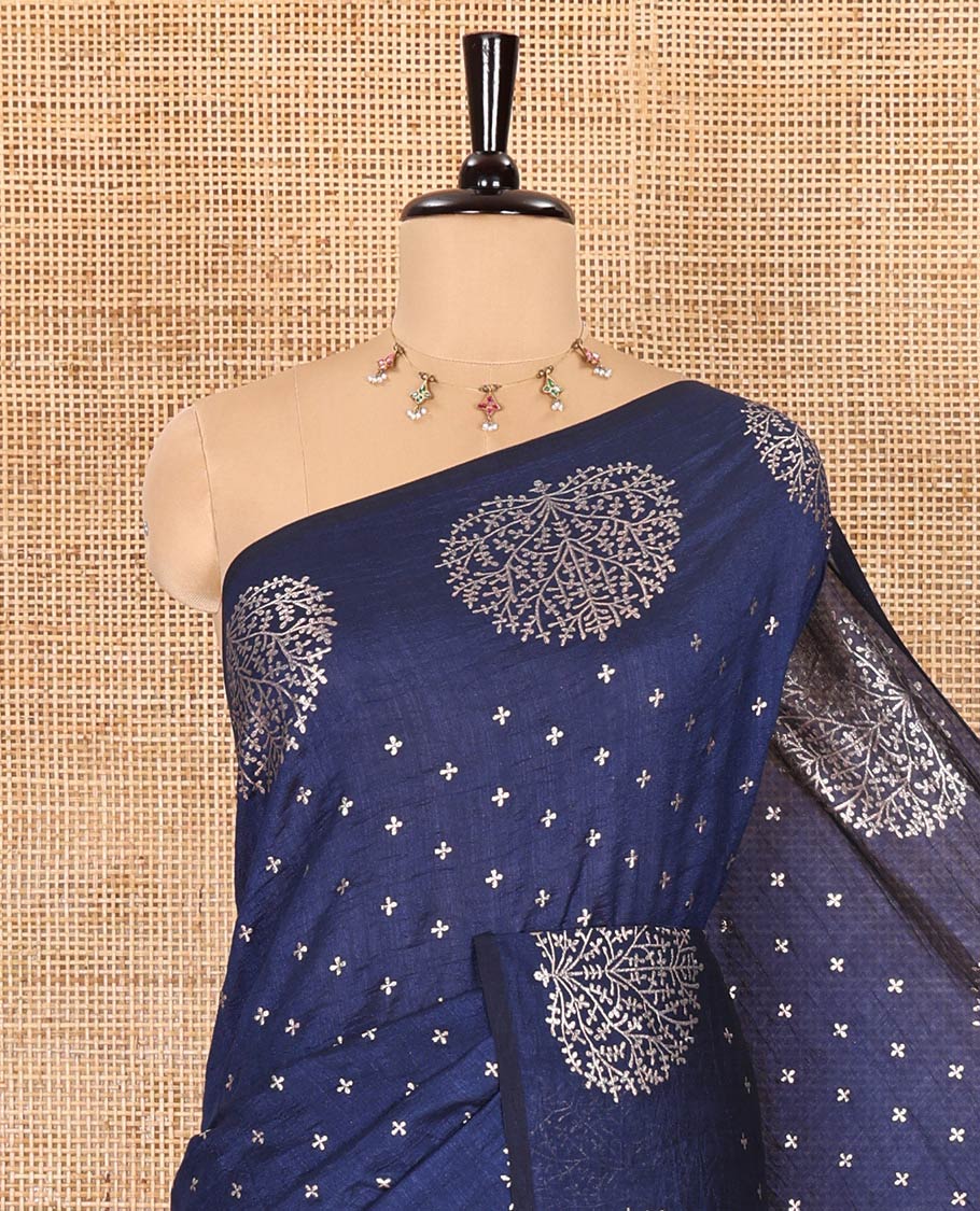 Navy blue plus buttas woven Vichitra silk saree, kalpavriksha tree motifs woven on its border, self-pallu, and no blouse - Image 2